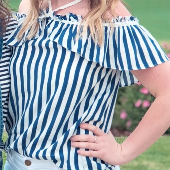 ❤️ Anthropologie Larke Blue white Stripe Emilie Off the shoulder Blouse Top ❤️ - Picture 8 of 8